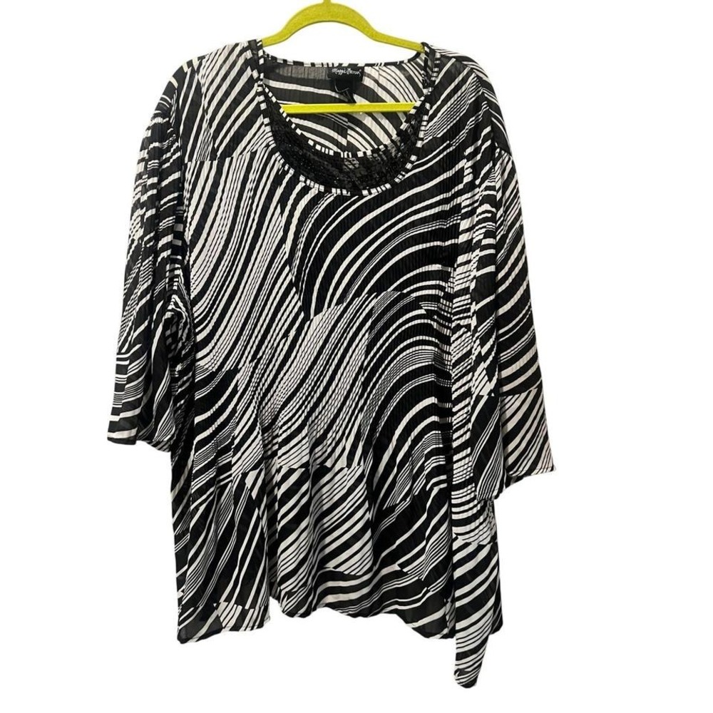 Maggie Barnes Womens Black & white Print Lace Neck Tunic Top 22W 2X Mob Wife